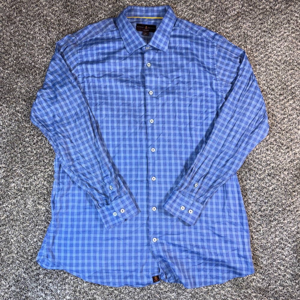 Robert Talbott Tailored Mens XXL Blue Gingham Check Cotton‎ Button Up Shirt
